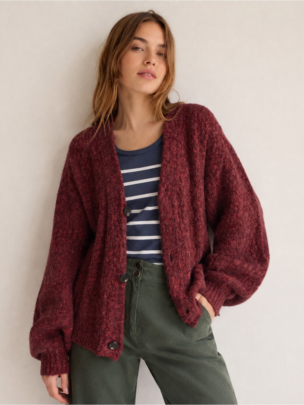 Gibsonlook Maroon Red Wool Blend Knit Cardigan Balloon Sleeve Sweater Sz Medium